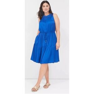 Lane Bryant Satin Smocked-Neck Tie-Waist Dress Royal Blue Sz 24 Flowy Light